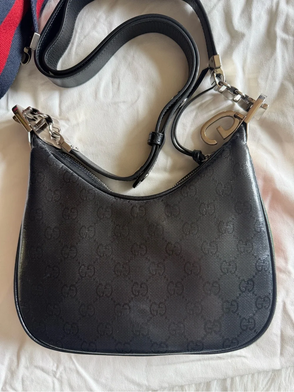Gucci Black GG Monogram Crescent Shoulder Bag with Red-Blue Web Strap